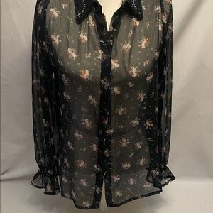 Topshop Black Floral Romantic Sheer Beaded Collar Blouse